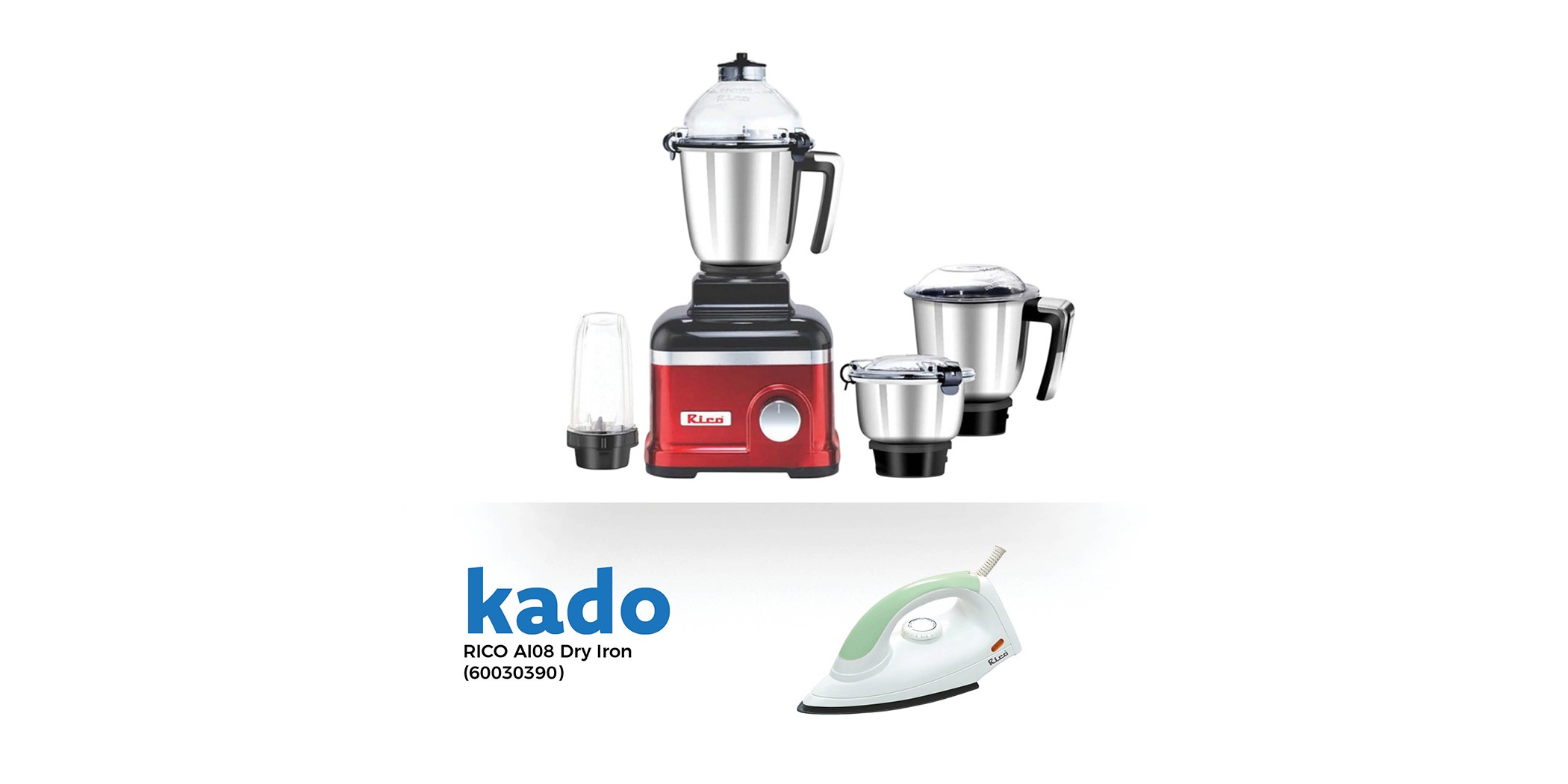 Rico MG2409 1000W Mixer Grinder With 4 Jars 3YW on Motor & Free RICO AI08 Dry Iron