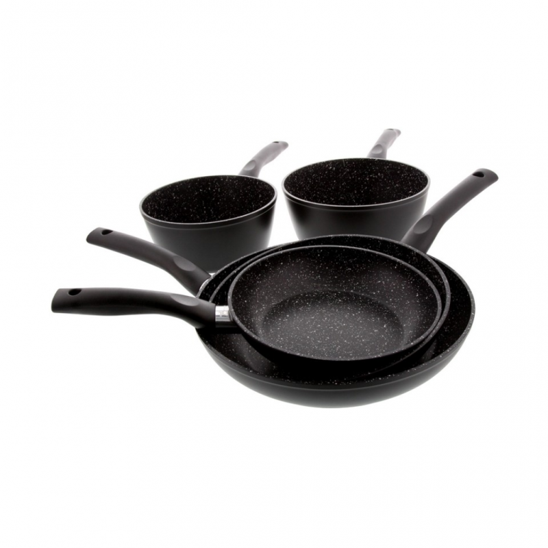 Pradel Set 3 Pans 20/24/28cm+2 Saucepans 18/20cm Stone Style Black Exterior- P0002063/55005MN "O