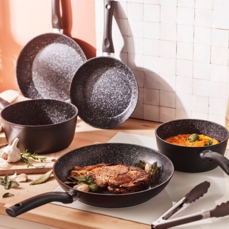 Pradel Set 3 Pans 20/24/28cm+2 Saucepans 18/20cm Stone Style Black Exterior- P0002063/55005MN "O
