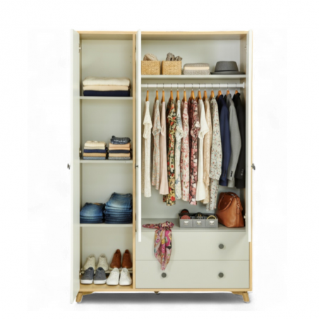 Sandy Wardrobe 3 Doors Oak, White & Grey