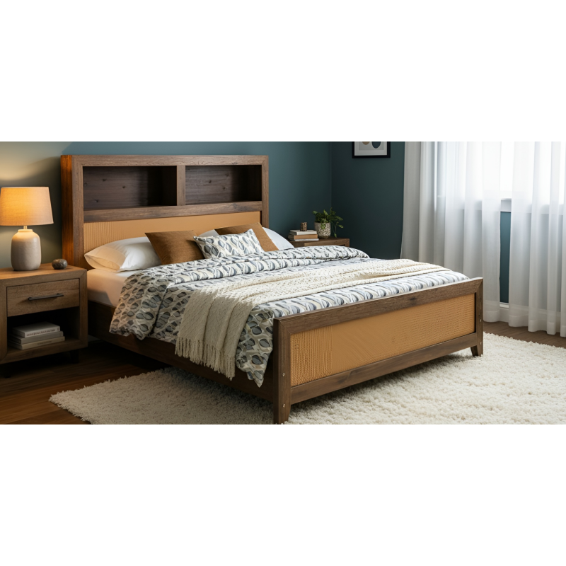 Vintage Bed 180x200 cm In MDF With Rattan