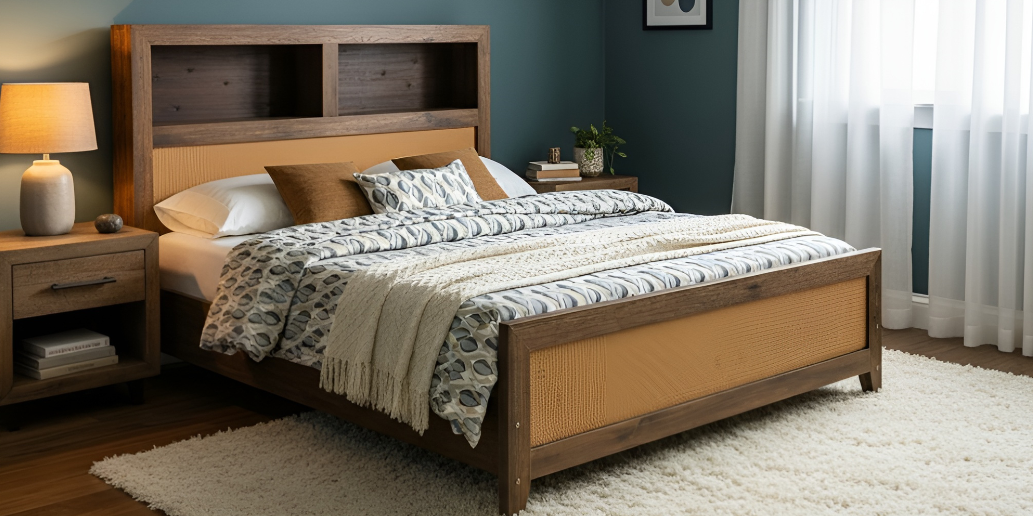 Vintage Bed 180x200 cm In MDF With Rattan