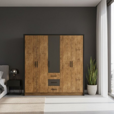 Vecelo Wardrobe 5 Doors & 3 Drawers Opera Walnut & Black