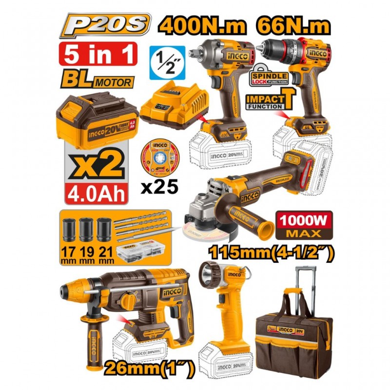 Ingco Ckli2059 5Pcs Cordless Industrial Combo Kit