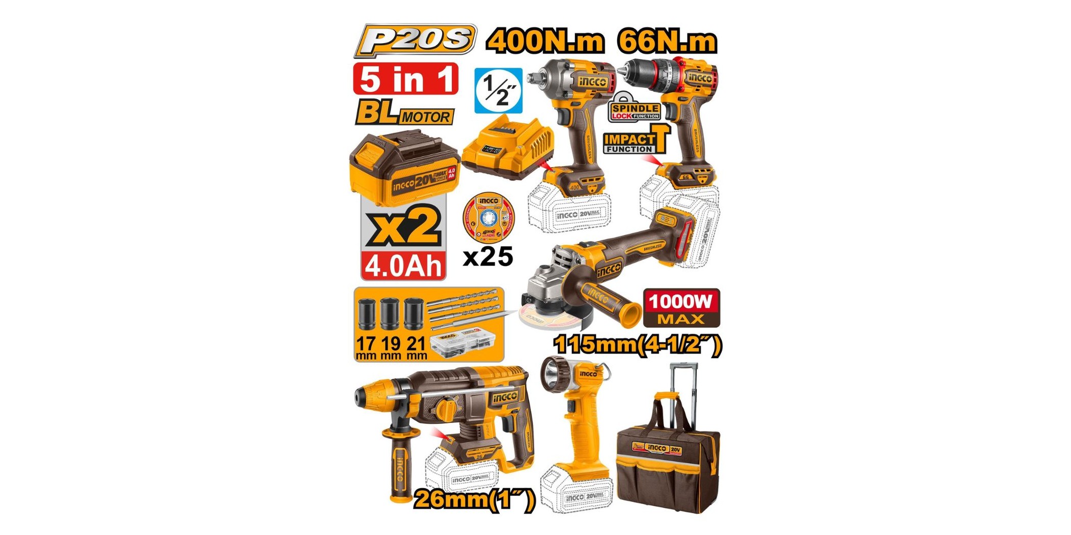Ingco Ckli2059 5Pcs Cordless Industrial Combo Kit