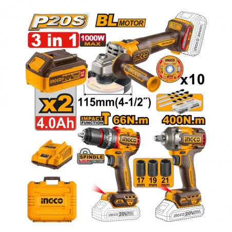 Ingco Cosli241291 3 Pcs Cordless Combo Kit