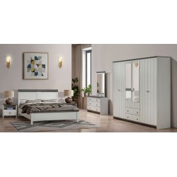 Linden Bedroom Set 150x190 cm Pearl White/Hermes 6 Doors Wardrobe/Dresser +Mirror+2 Bedside