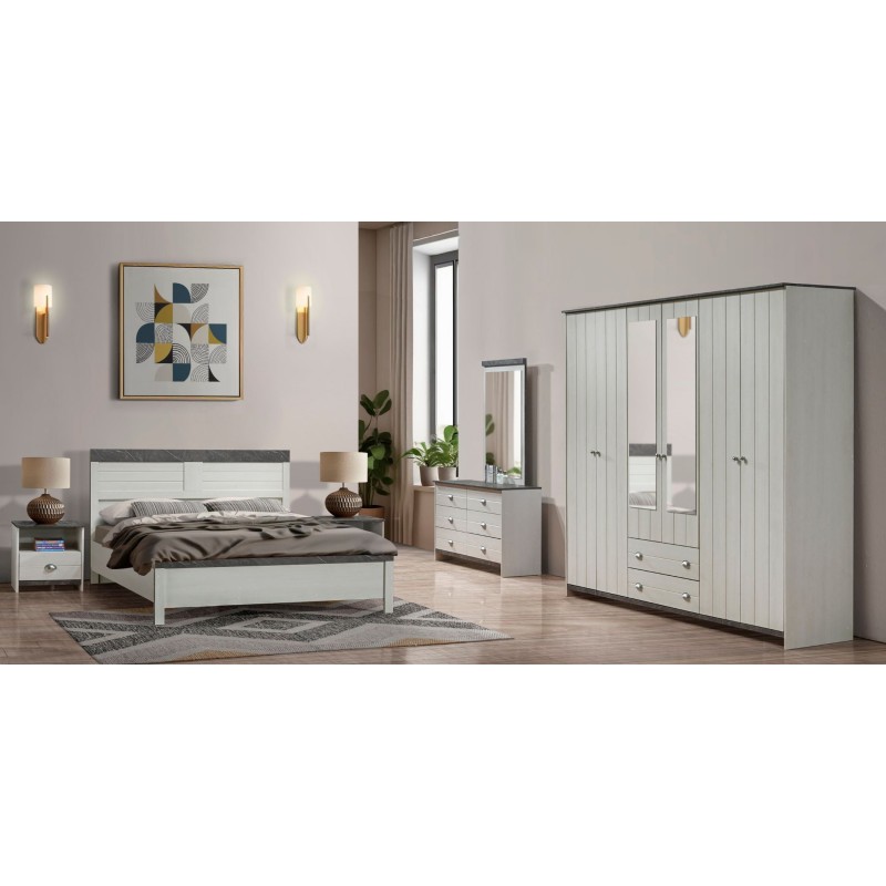 Linden Bedroom Set 150x190 cm Pearl White/Hermes 6 Doors Wardrobe/Dresser +Mirror+2 Bedside