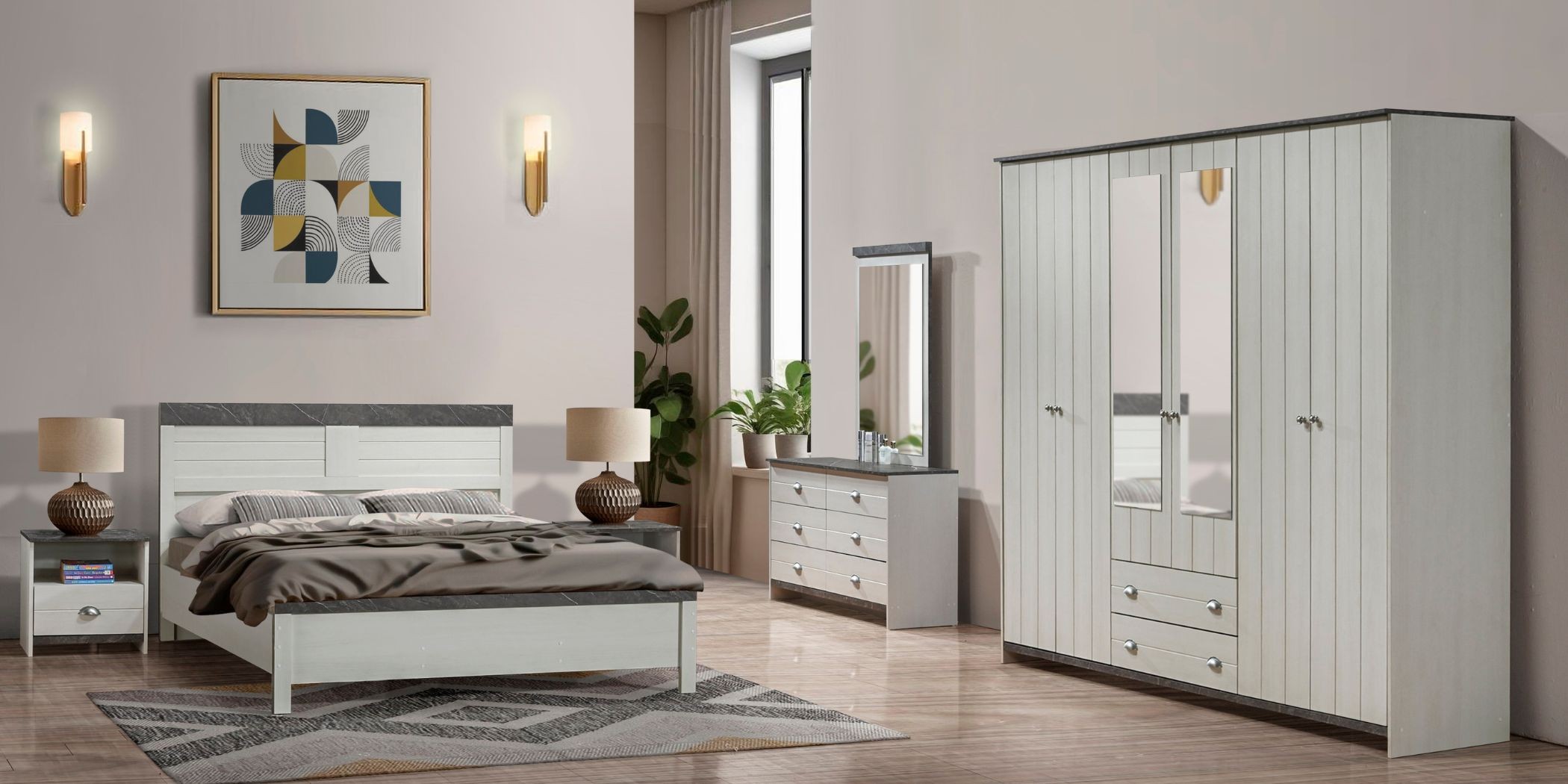 Linden Bedroom Set 150x190 cm Pearl White/Hermes 6 Doors Wardrobe/Dresser +Mirror+2 Bedside