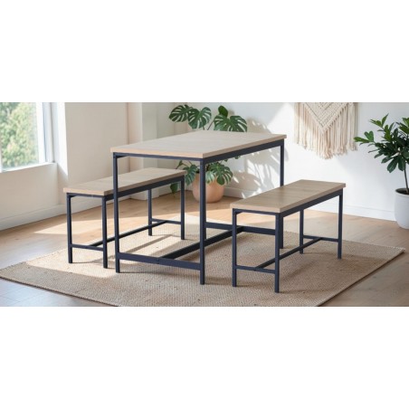 Vella Table & 2 Bench in Melamine Oak