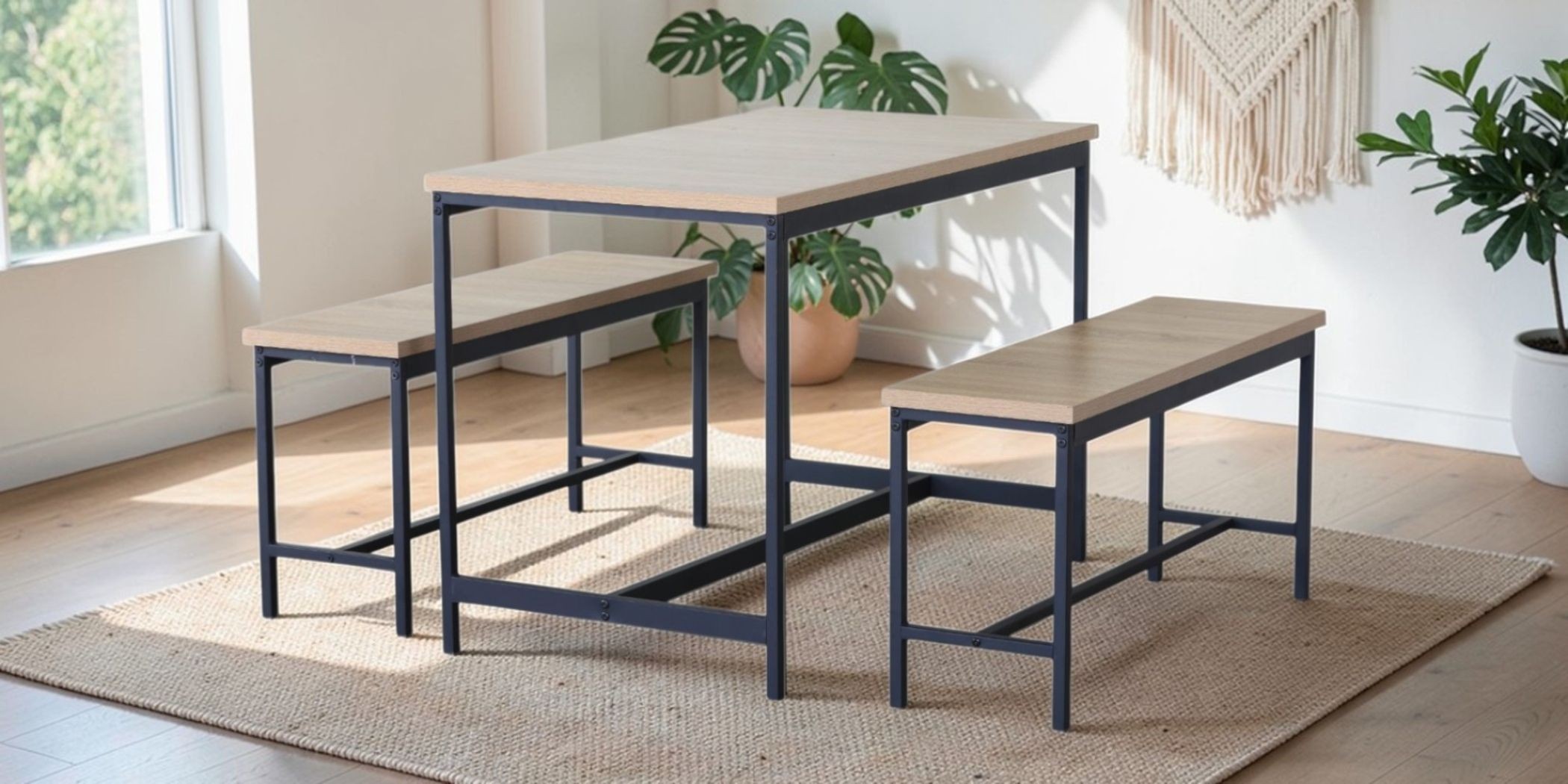 Vella Table & 2 Bench in Melamine Oak