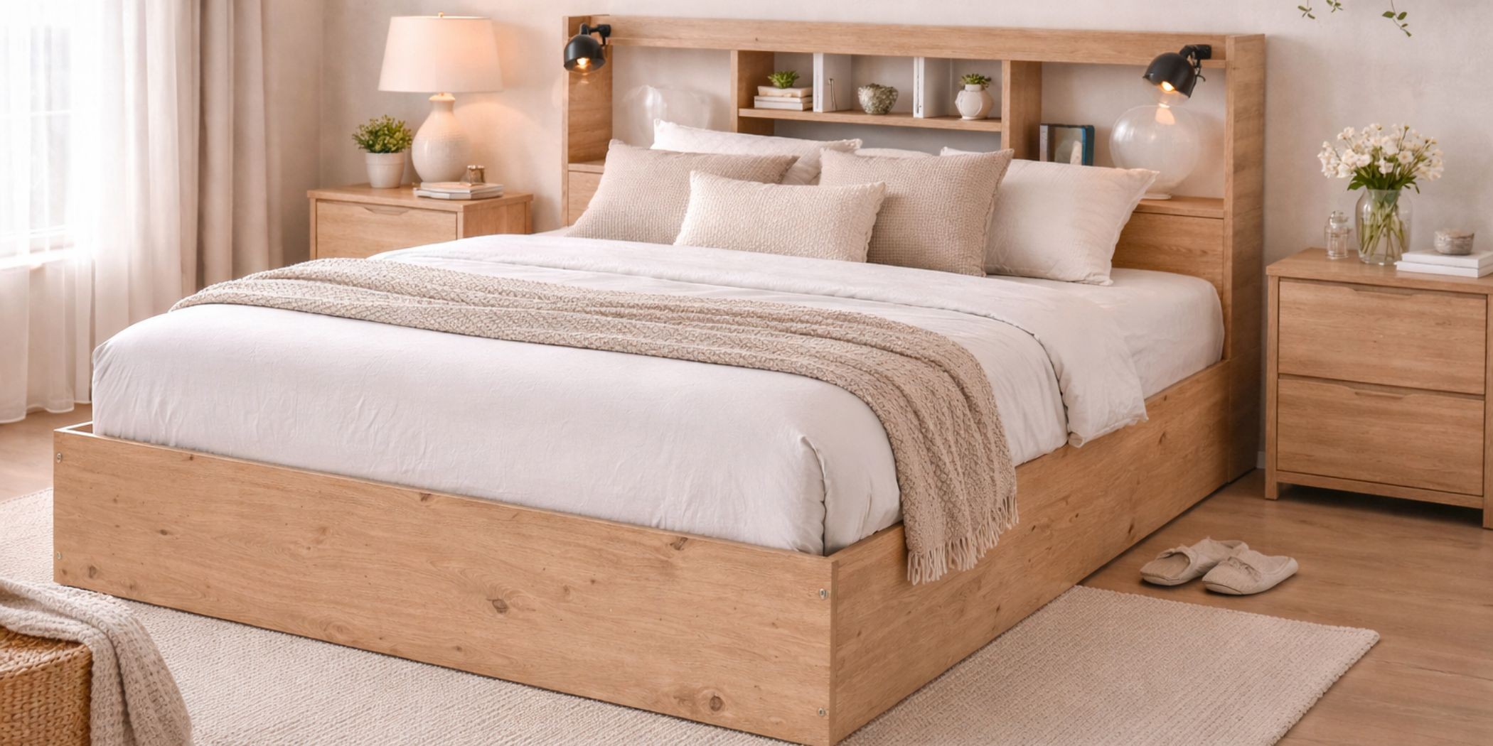 Neo Bed 150x190 cm MDF Red Oak and White