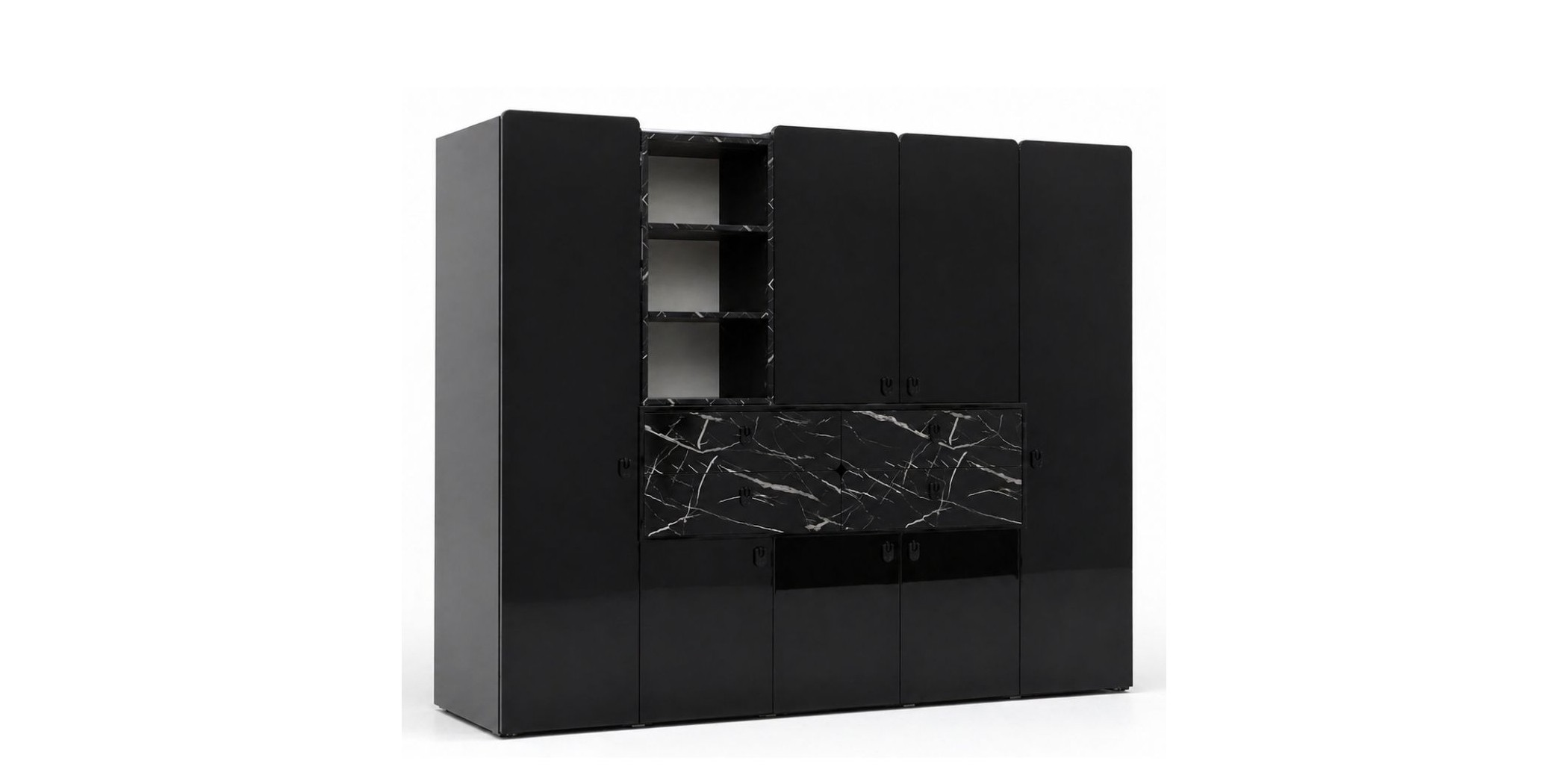 Essencia Wardrobe 7 Doors Glossy Black & Marble