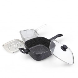 Westinghouse WCCS0009D24MBB 4pcs 24cm Deep Square Pan Set With Glass Lid, Fry Basket & Steam Rack
