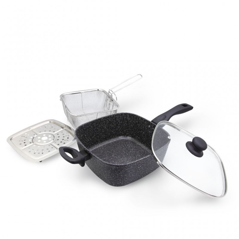 Westinghouse WCCS0009D24MBB 4pcs 24cm Deep Square Pan Set With Glass Lid, Fry Basket & Steam Rack