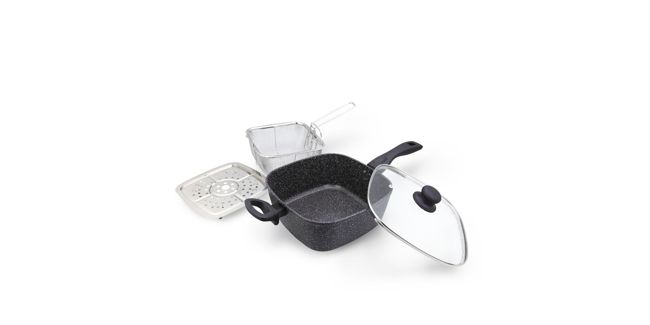 Westinghouse WCCS0009D24MBB 4pcs 24cm Deep Square Pan Set With Glass Lid, Fry Basket & Steam Rack