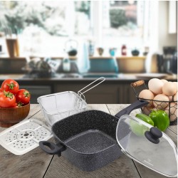 Westinghouse WCCS0009D24MBB 4pcs 24cm Deep Square Pan Set With Glass Lid, Fry Basket & Steam Rack