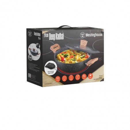 Westinghouse WCCW0085D24MBB 24cm Pressed Aluminum Wok With Glass Lid
