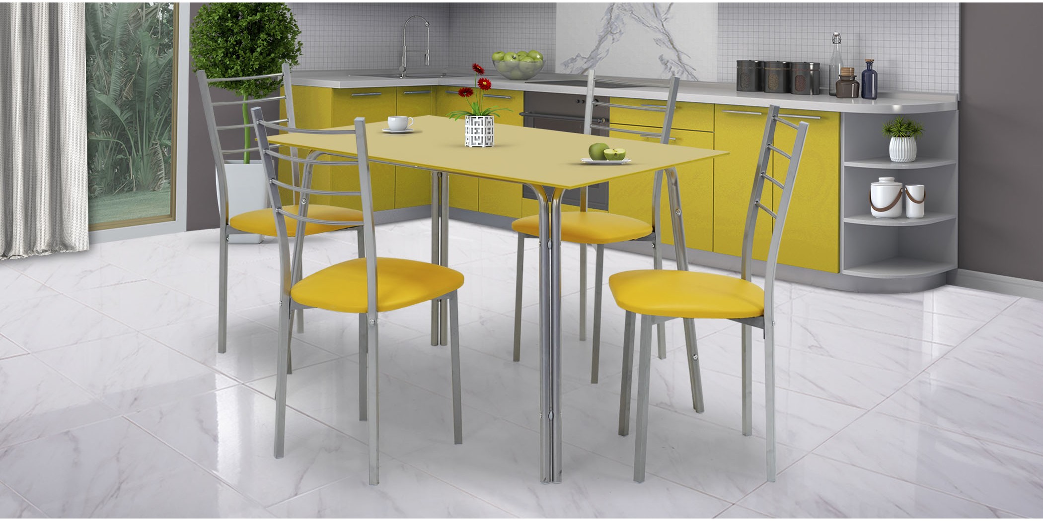 Laurenza Table and 4 Chairs Metal/Yellow Glass