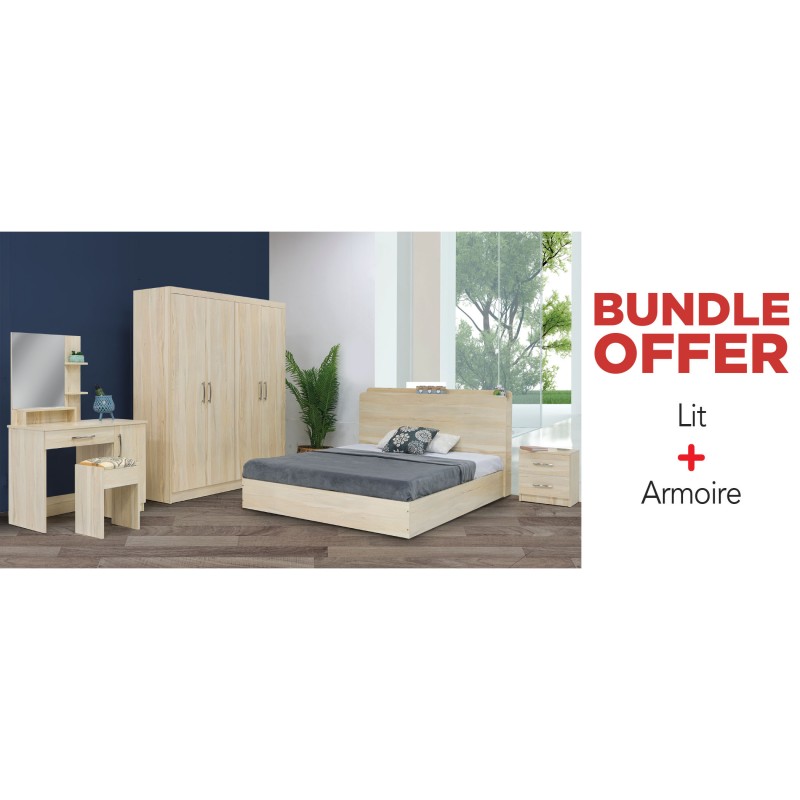 Sion Bed 150x190cm + Wardrobe 4 Doors In Melamine MDF Sion Bed 150x190cm + Wardrobe 4 Doors In Melamine MDF