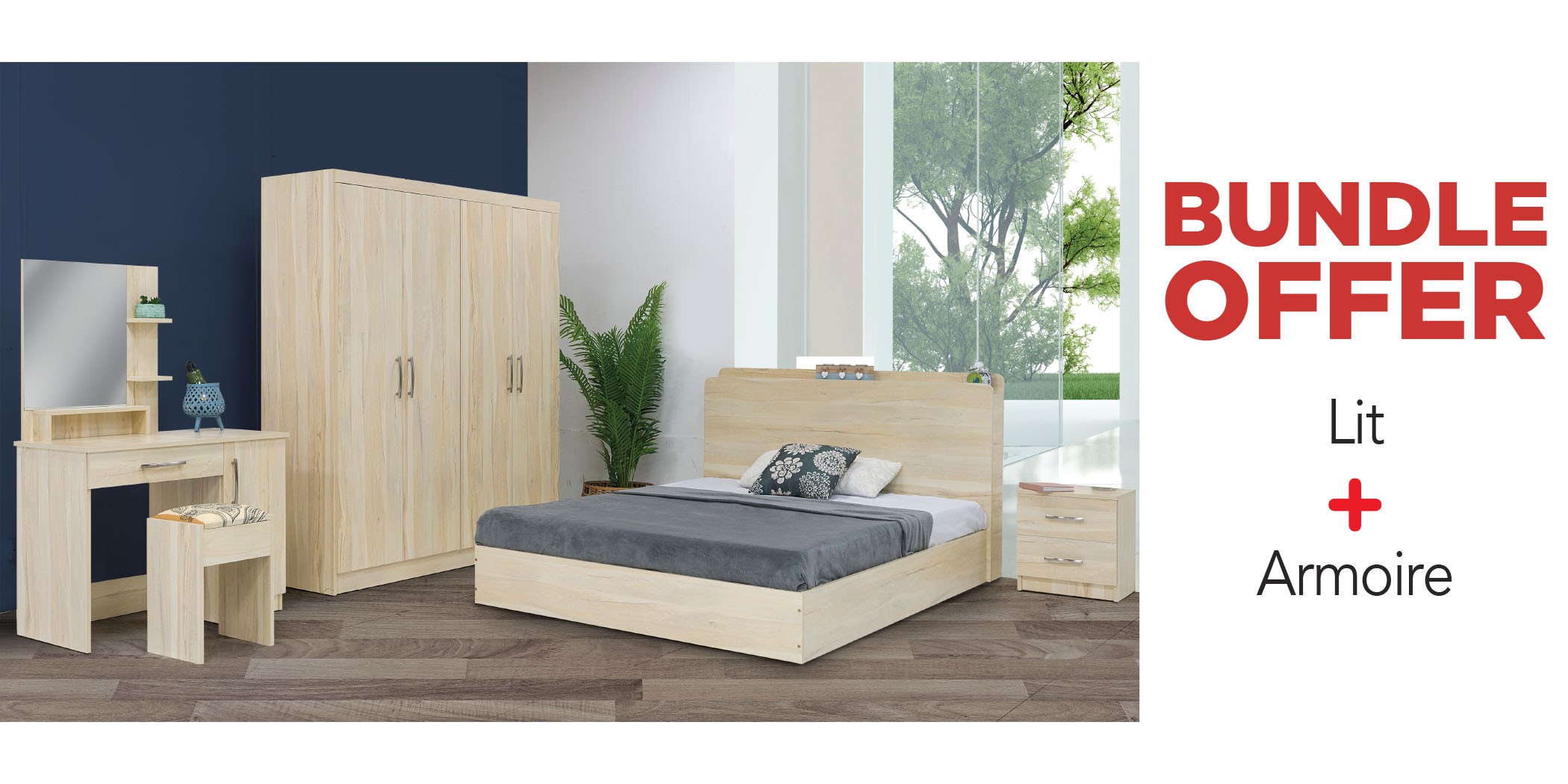 Sion Bed 150x190cm + Wardrobe 4 Doors In Melamine MDF
