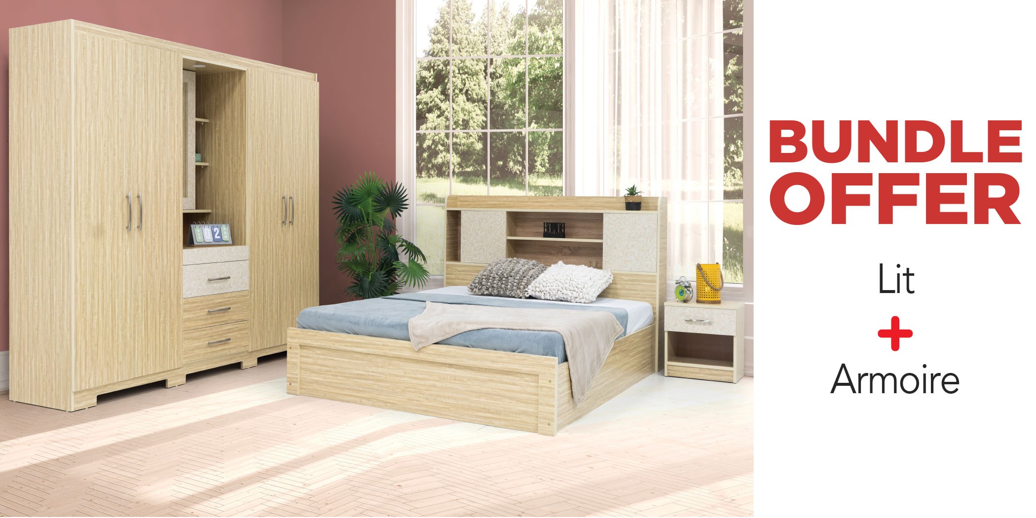 Basel Bed + Wardrobe with Dressing Table in Melamine MDF Brown & Deco White