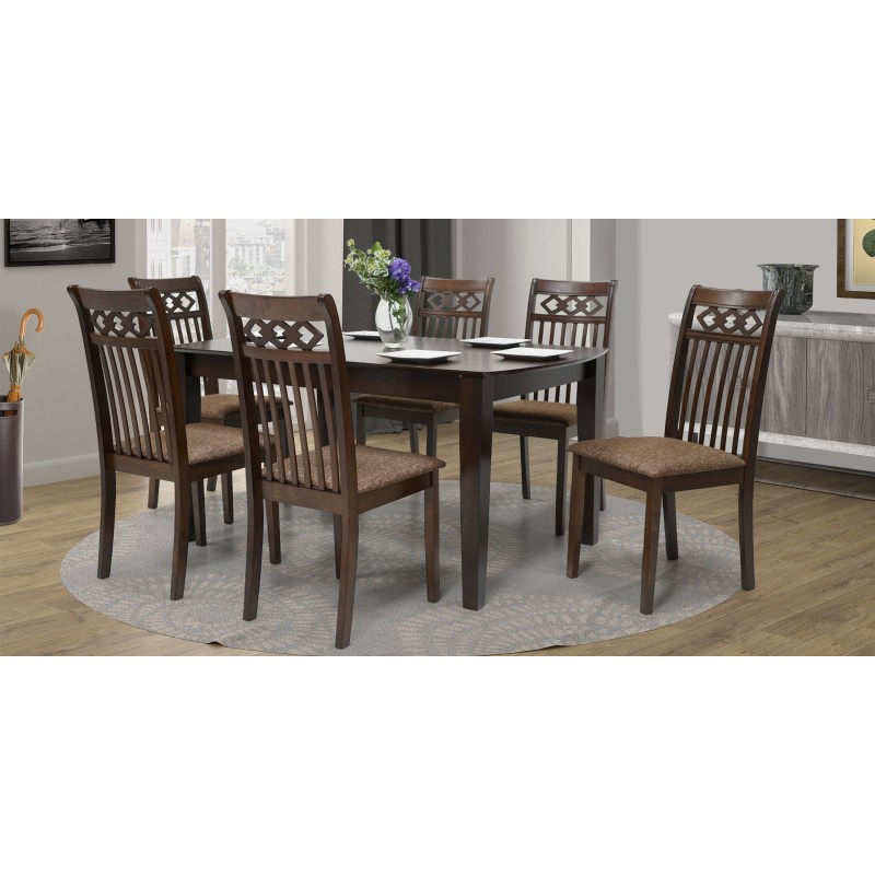 Oakland Table and 6 Chairs in Rubberwood/Brown Fabric