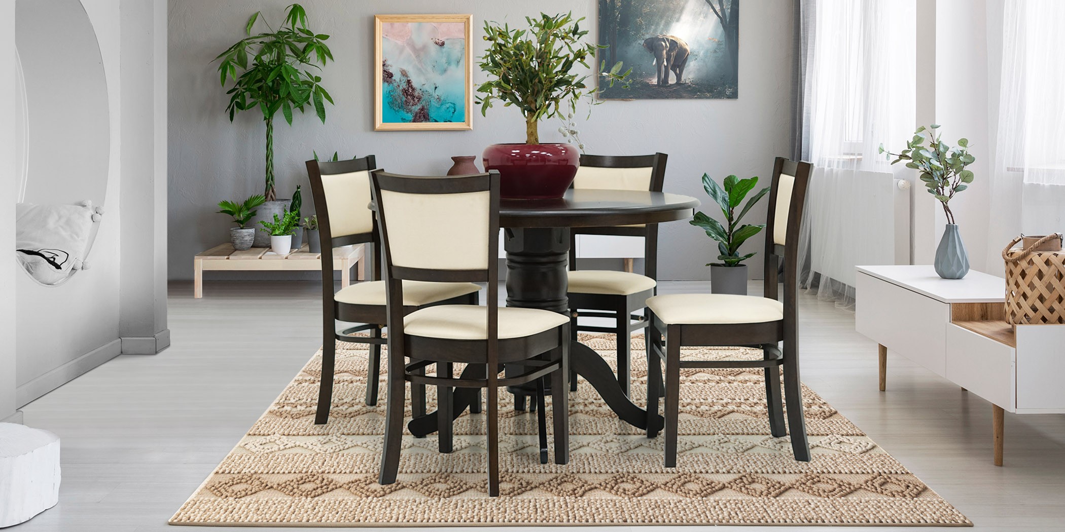 Esther Round Table and 4 Chairs Rubberwood