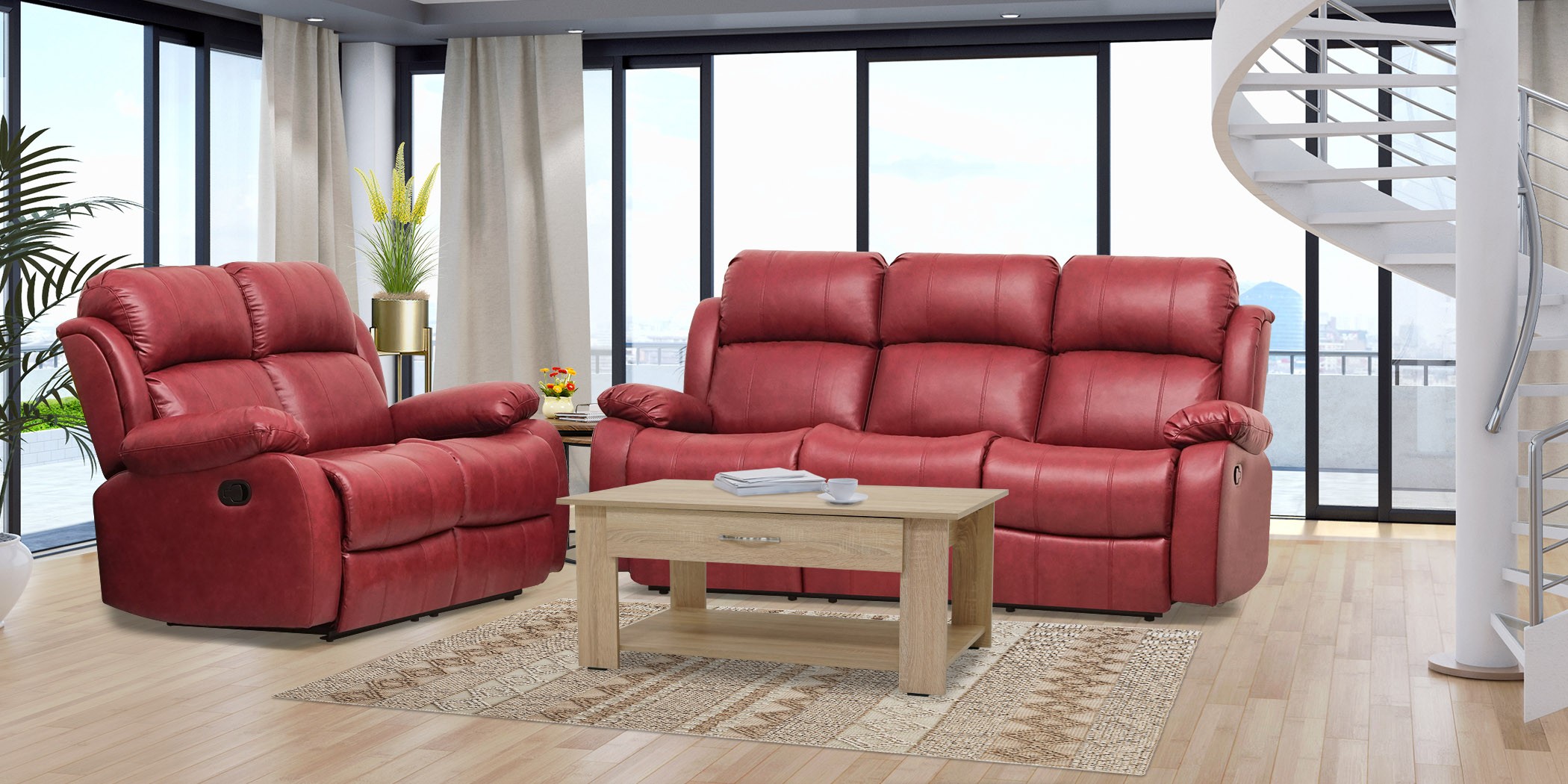 Vercelli Sofa 3+2 Fabric Red Leather Gel